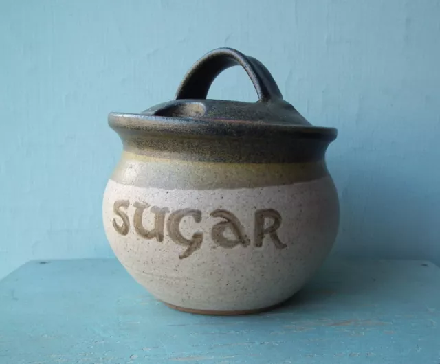 Vintage Welsh studio TREGARON pottery art SUGAR bowl lidded 1970s 1980s Wales