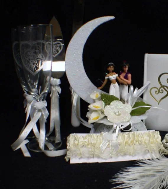 Aladdin & Jasmin Wedding Cake Topper Glasses Server Knife set  LOT Disney IVORY