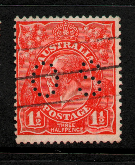 USED PERFIN RED 11/2d " KING GEORGE V - OS " AUSTRALIA 1913-36