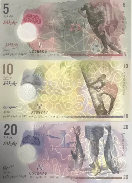 Maldives Set 3 UNC 5 10 20 Rufiyaa Random Year Polymer P 26A (A26) 26 27