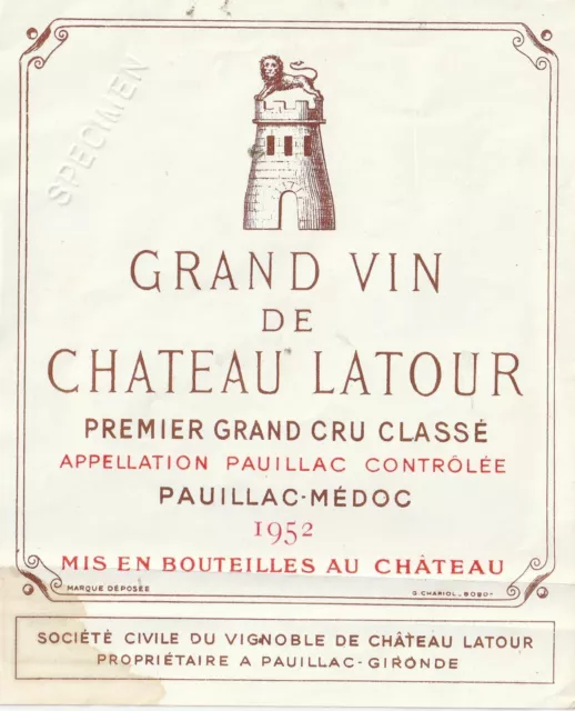 1 Etiquette Chateau Latour 1952 SPECIMEN