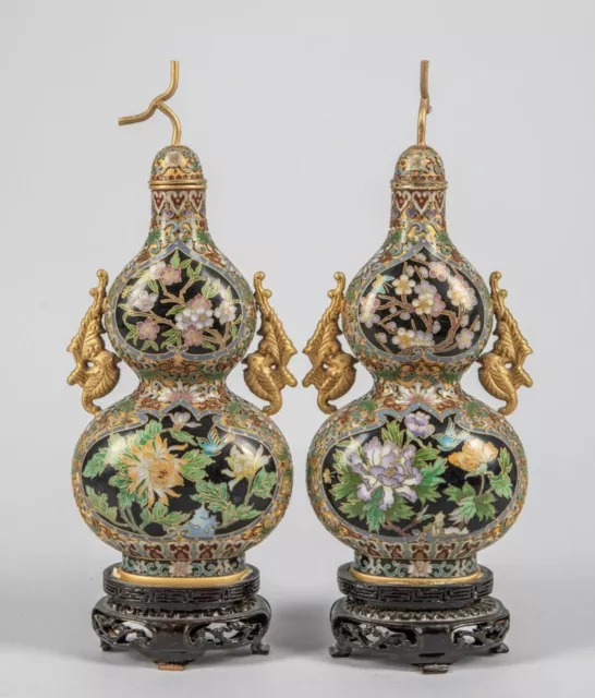 Gorgeous Pair of Chinese Mirror Image Double Gourd Cloisonne Vases 11.5 inches