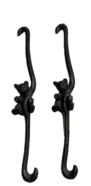 Hand Forged Black Wrought Iron S Hook Blacksmith Antique Figural Kitty Cat Pair