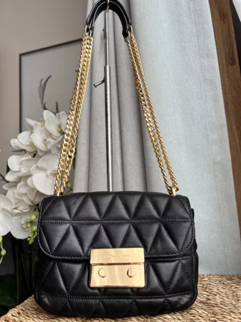 Michael Kors Sloan Black Quilted Leather Gold Chain Strap Shoulder Crossbody Bag