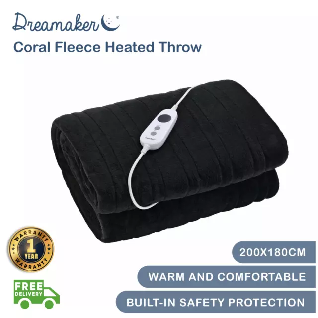 Dreamaker Coral Fleece Heated Washable Throw Rug Soft Blanket Charcoal 200x180cm