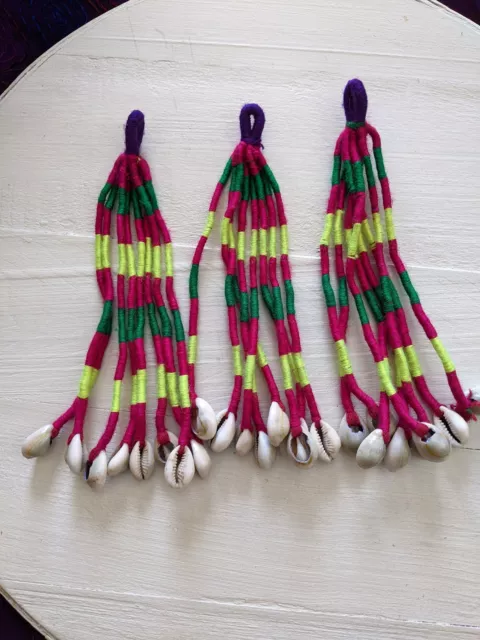 3 Kuchi Cowrie Shells Tribal Tassels 7.5" Purple Pink Yellow Green (#12809)