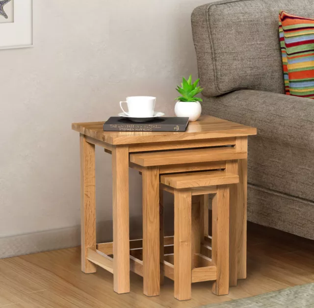 Small Solid Oak Nest Of 3 Coffee Tables | Wooden Side/End/Lamp Nesting Set