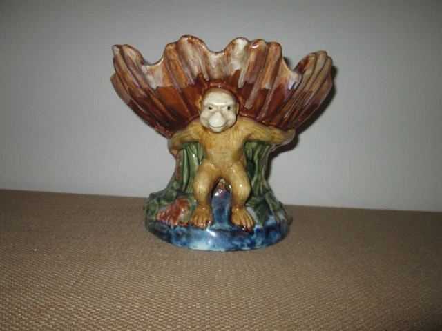 Majolica-Inspired Art Pottery Monkey Holding Seashell Fruit Bowl Compote