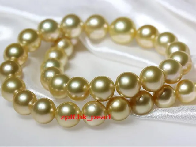 AAAAA 18"11-12mm REAL natural round south sea golden pearl necklace 14k Gold