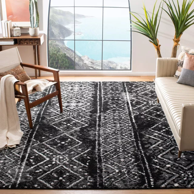 Adirondack Collection Area Rug - 9' x 12', Black & Silver, Moroccan Boho Dist...