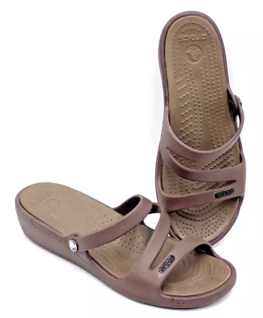 Crocs Sandals Womens Size 5 Rhonda Wedge Strappy Slip On Slides Open Toe Brown