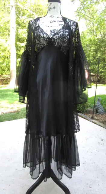 Vintage Val Mode Black LACE Long Robe & Gown Peignoir Set Size L Large NEW