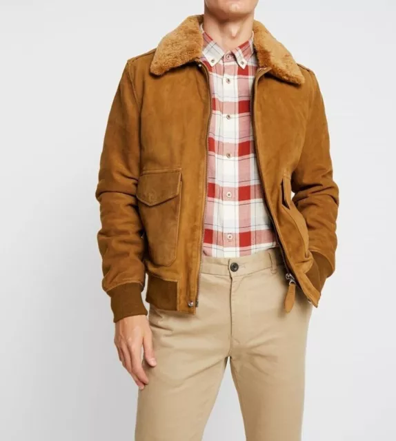 Brown Leather Jacket Men Flight/Bomber Suede Jacket Fur Collar Size S M L XL XXL