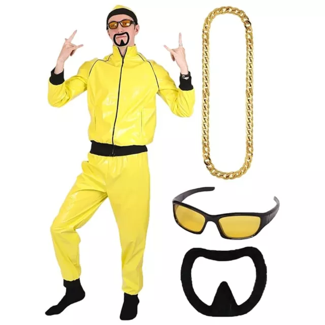 Mens 90'S Rapper Fancy Dress Costume Yellow Tracksuit Glasses Chain Beard Tv