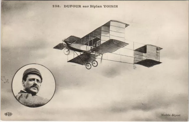 PC CPA AVIATION, DUFOUR SUR BIPLAN VOISIN, Vintage Postcard (b24367)