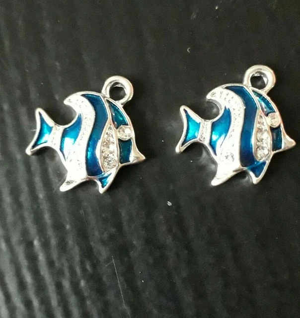 Fisch Charms grünblau Emaille, Strass versilbert 18x16mm 2 Stück C162a