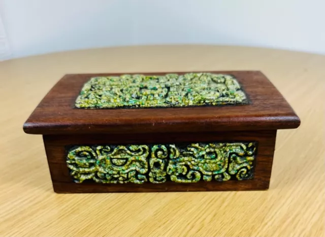 Vintage Zarebski Carved Mayan Relief Wood Trinket Box With Lid Mid Century