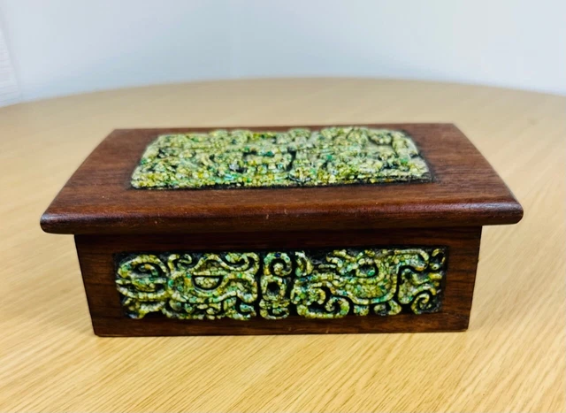 Vintage Zarebski Carved Mayan Relief Wood Trinket Box With Lid Mid Century