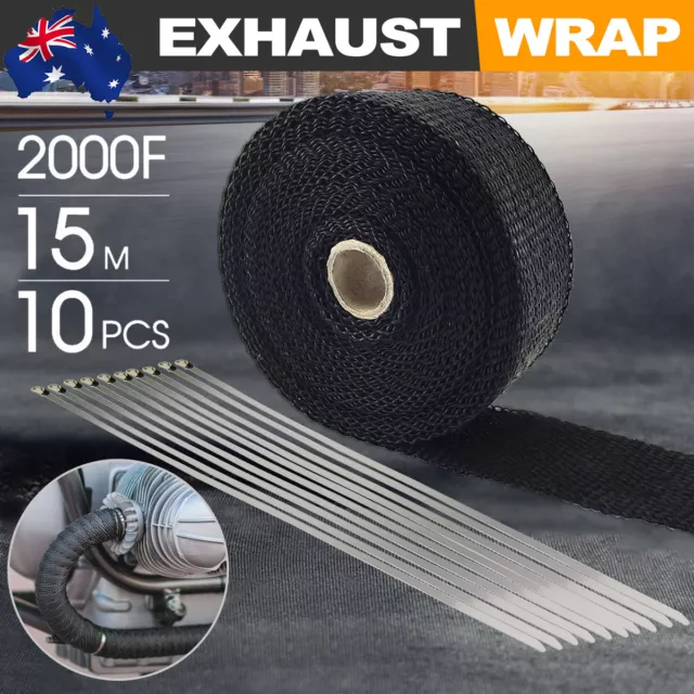 15M Roll Titanium Header Turbo Pipe Manifold Exhaust Heat Wrap Tape With 10 Ties