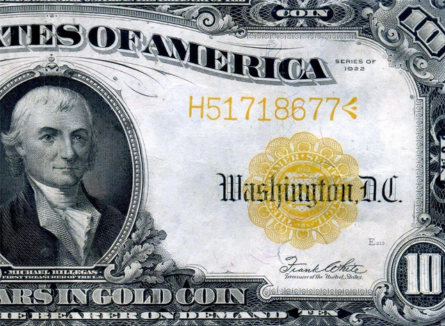 HGR SUNDAY 1922 $10 ((Blazing GOLD Certificate)) Only LIGHTLY CIRCULATED
