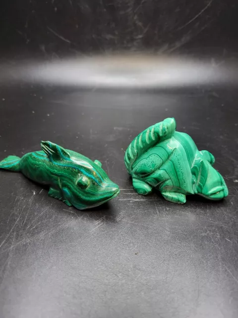 Vintage Malachite Green Stone Carved Squirrel And FISH Figurine 3"
