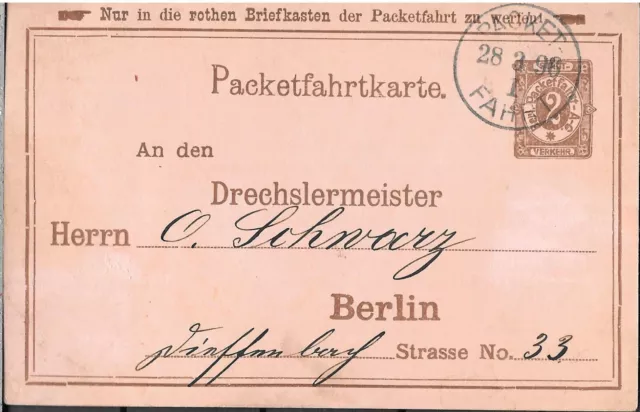 Privatpost Karte Berliner Packetfahrt Gesel. Privat Drechsler Innung 28 mr 1896