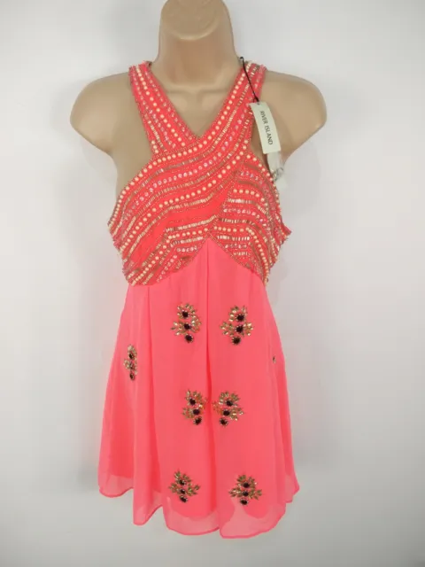 Bnwt Womens River Island Size Uk 8 Pink Sleeveless Embellished Dress Rrp £50.00