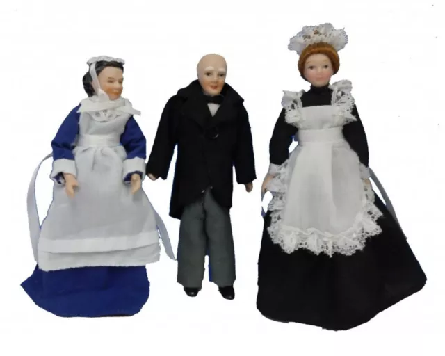 Set Of 3 Porcelain Servants Butler Maid & Cook Tumdee 1:12 Scale Dolls House 091