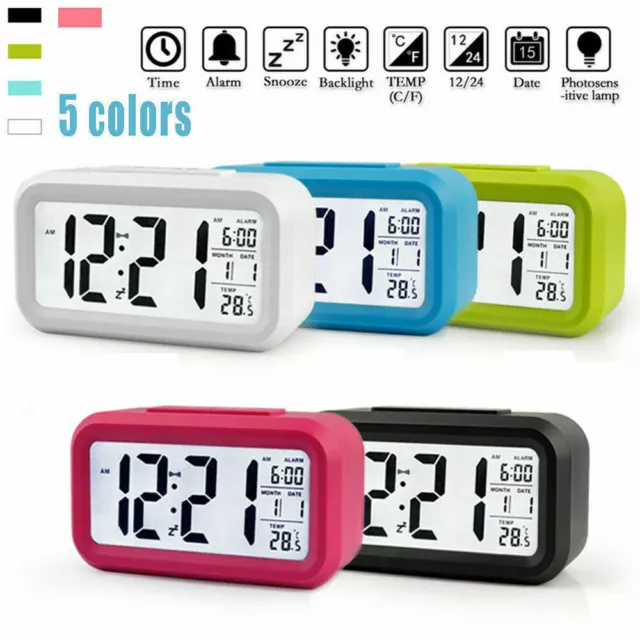 Digital Bedside LED Snooze Alarm Clock Time Temperature Day/Night Mode Clock