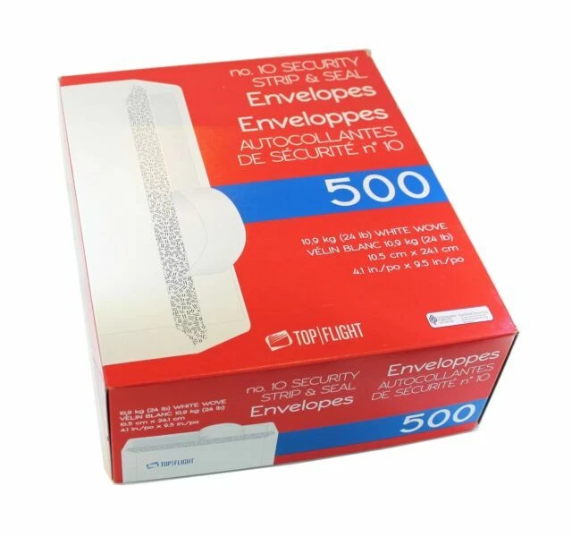 Top Flight PSTF10NWT #10 Envelopes, Strip & Seal, Security Tinted, White Paper,