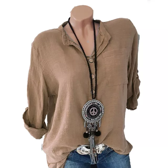 Tops Baggy V Sleeve Linen Tunic Blouse Cotton Neck Tops Solid Long T-Shirt * # 3