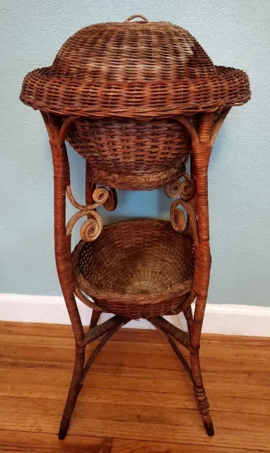 LOCAL PICKUP ONLY Antique Vintage Victorian? Wicker SEWING STAND 2 Baskets,  Lid