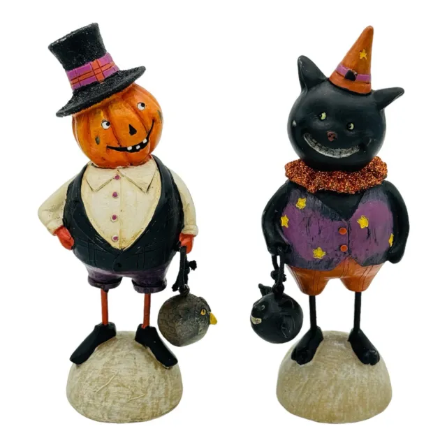 Vintage Retro Style Halloween Black Cat and Pumpkin Man 2pc Figurine Set