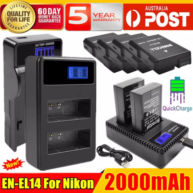 2x 2000mAh EN-EL14a Battery & Charger for Nikon D3400 D3500 D5100 D5200 P7000 AU