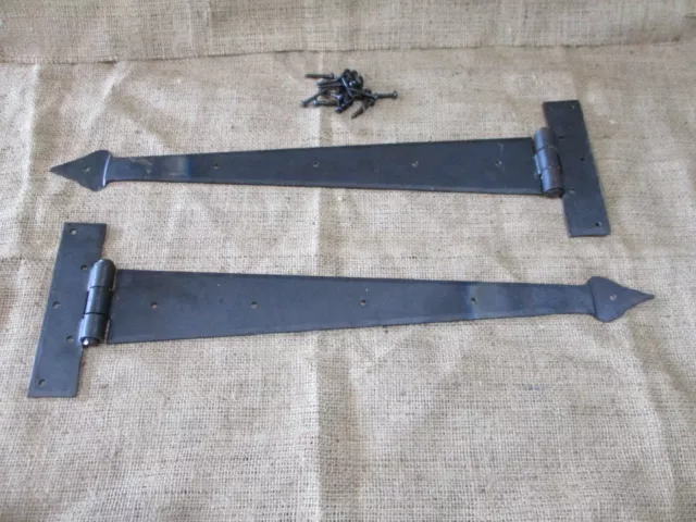 2 LARGE Strap T Hinges 18" Tee Hand Forged In Fire Barn Rustic Door Iron Arrow