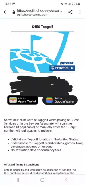 $450 topgolf e gift card