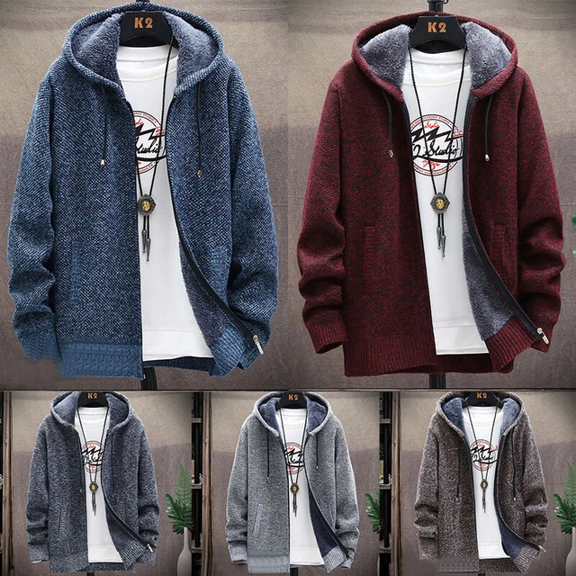 Men's Drawstring Thick Warm Fleece Lined Hoodie Zip Coat Jacket Sweatshirt Tops