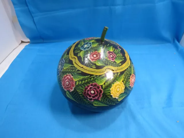 Olinala Mexican Folk Art Hand Painted Floral Lacquered Gourd Bowl/Planter 7 1/2"