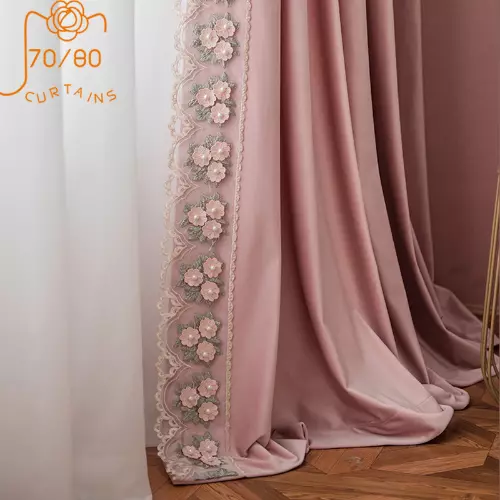 Light Luxury Lace Velvet Pink Curtains Princess Style Blackout Curtains Bedroom