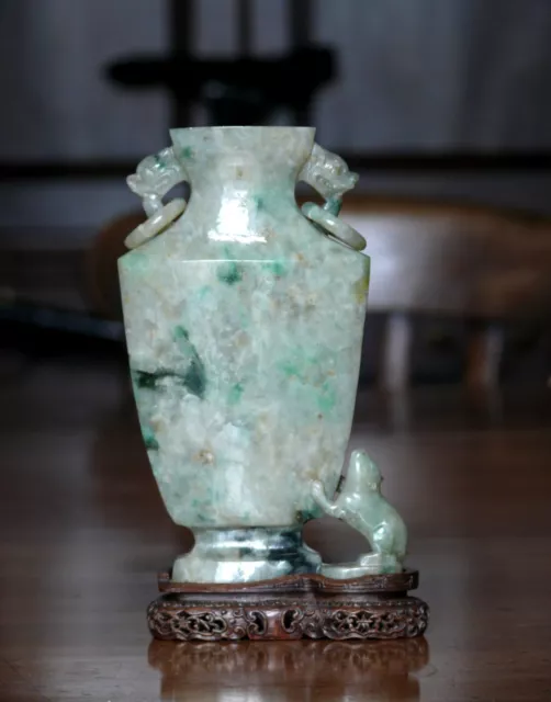 A Fine Chinese Jadeite Jade Vase with Carved Fitted Wood Stand