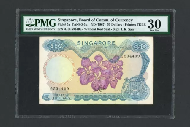 SINGAPORE Banknote P5a , ND(1967) , 50 Dollars , PMG 30 ORCHID