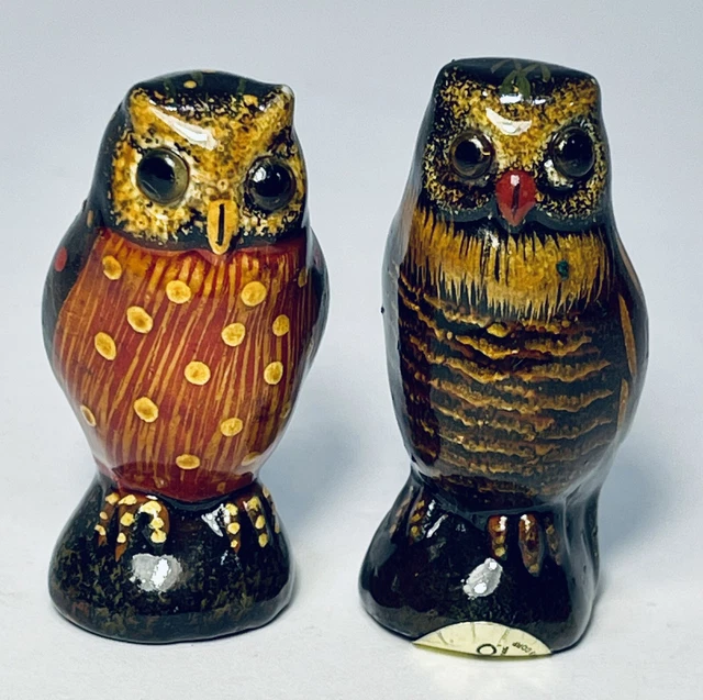 2 Vintage 1988 ENESCO Miniature Owl Figurine Hand Painted Pottery 2" Tall