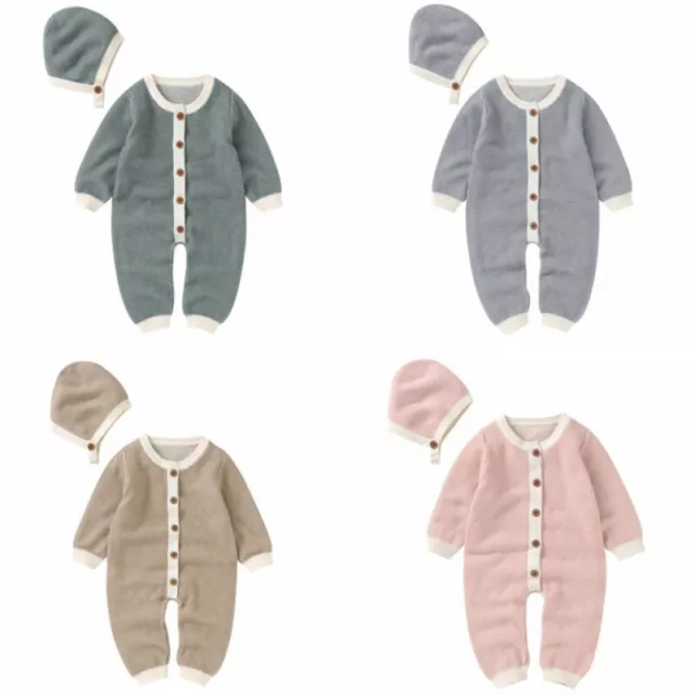 Autumn Baby Newborn 2pcs Knitted Sweater Romper Long Sleeve Jumpsuit Hat Set