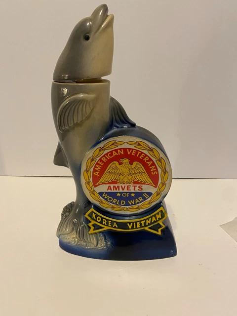 1974 Ezra Brooks AMVETS of World War II WWII Korea Vietnam Dolphin Decanter
