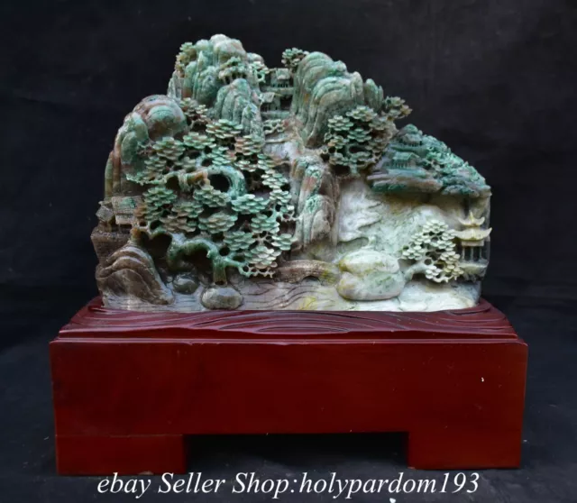 12.8" Chinese Natural Dushan Jade Carved Mountain Tree House Bridge Statue