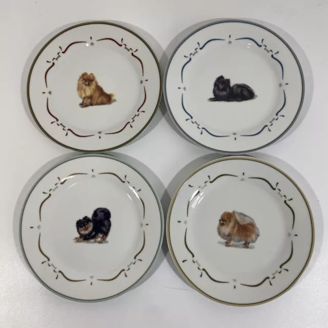 Rare Danbury Mint Pomeranian Dog Dinnerware Salad Side Plates Set (4) 8”