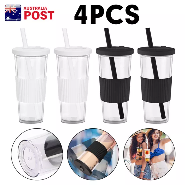4Pack Boba Cup Bubble Tea Cup 24Oz Wide Mouth Smoothie Cups with Lid & Straws AU
