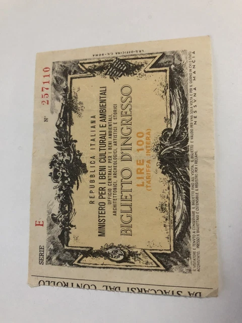 biglietto d’ingresso lire 100 Ministero istruzione antichità e belle arti