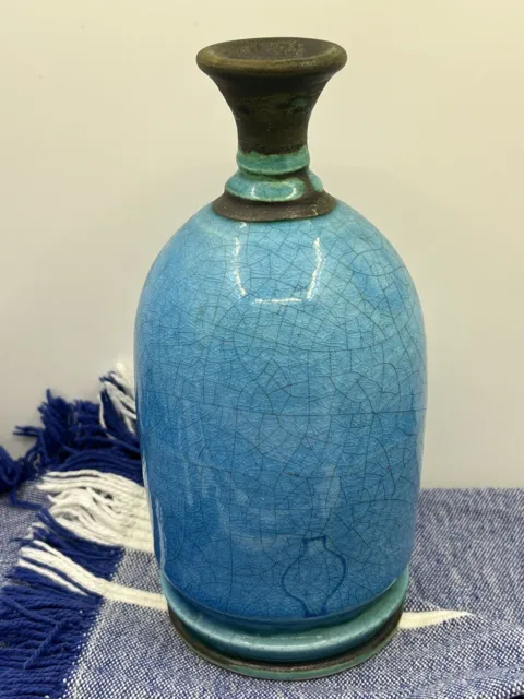 Studio Pottery Bottle Vase. Turquoise Blue Raku Glaze-Impressed Mark-14.5 cm