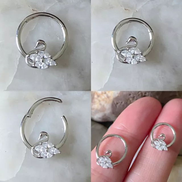 Silver Swan Gem Hinged Septum Clicker Daith Rook Ear Ring 1.2mm 8mm/10mm